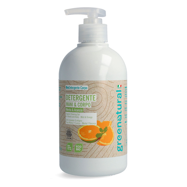 Sapone mani e corpo alla Menta e Arancio da agricoltura biologica 500 ml.