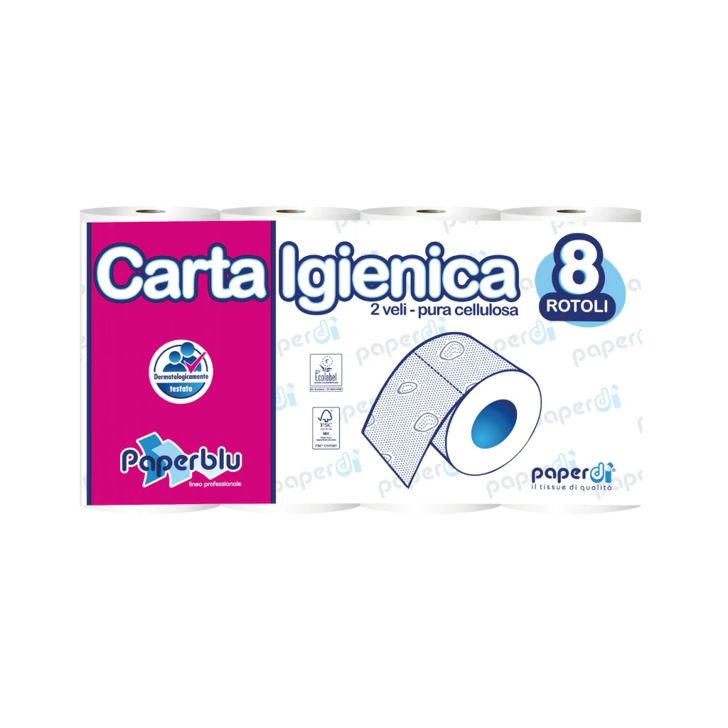 Imballo 12 confezioni di carta igienica 8 rotoli Paperblu in pura cellulosa