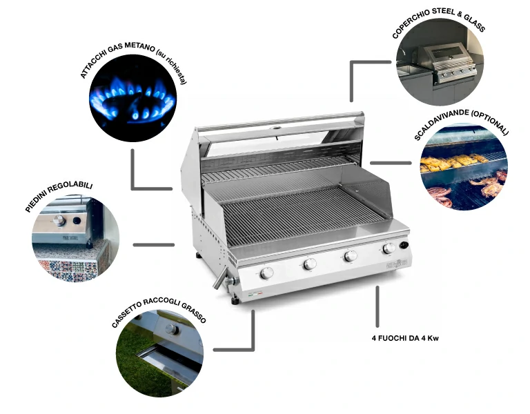 Barbecue a gas Fry Top 750 Basic da appoggio 4 bruciatori griglia scolo a V