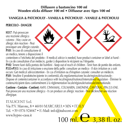 Diffusore per ambiente con bastoncini 100 ml. Vaniglia e Patchouly