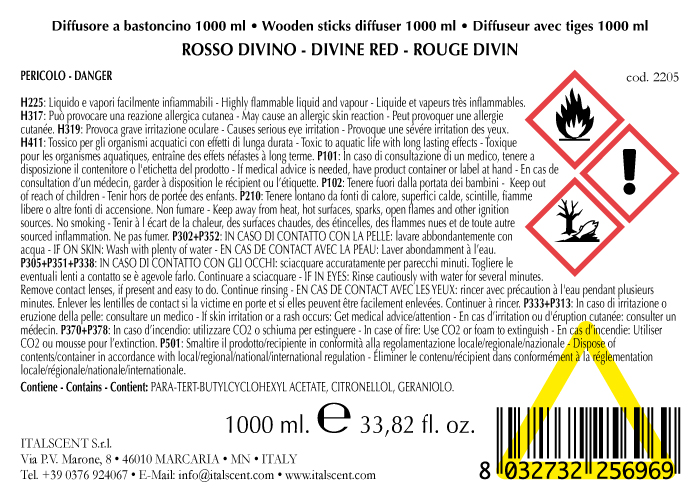 Diffusore per ambiente con bastoncini 1000 ml. Rosso Divino