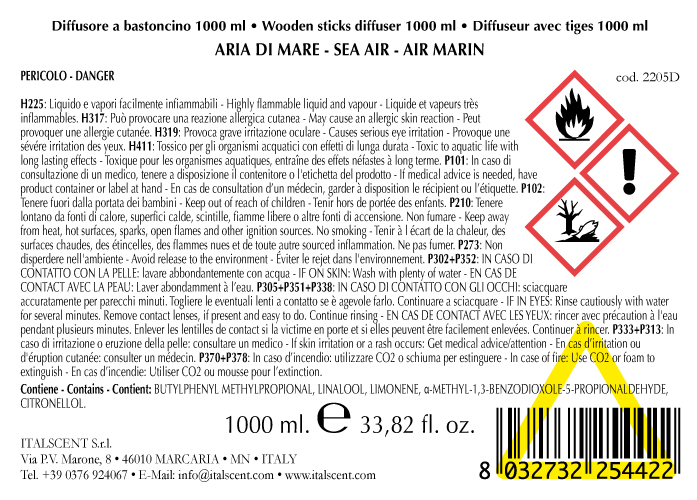 Diffusore per ambiente con bastoncini 1000 ml. Aria di Mare