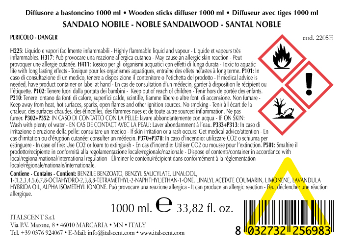 Diffusore per ambiente con bastoncini 1000 ml. Sandalo Nobile