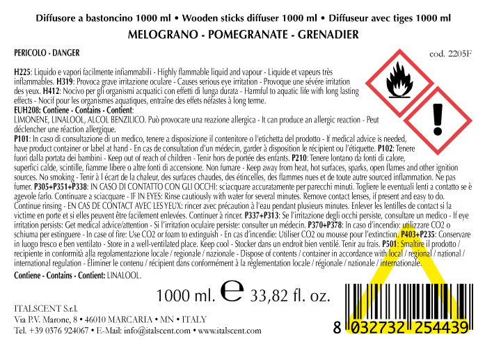 Diffusore per ambiente con bastoncini 1000 ml. Melograno