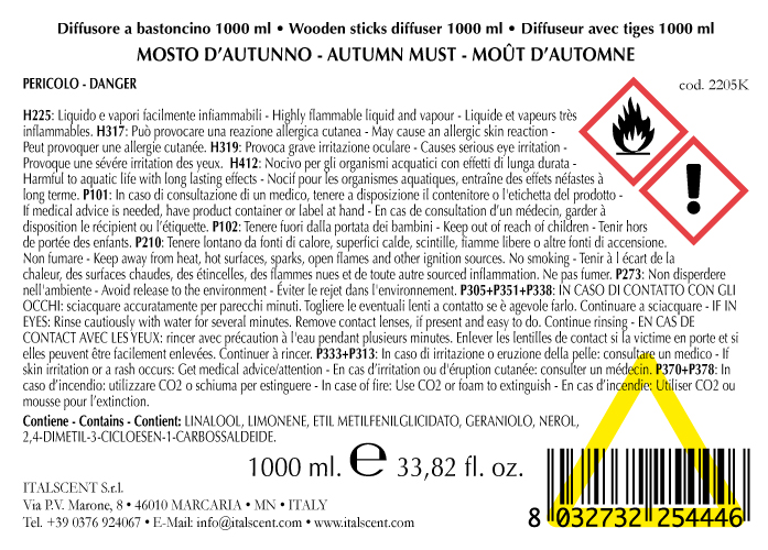 Diffusore per ambiente con bastoncini 1000 ml. Mastro d'Autunno