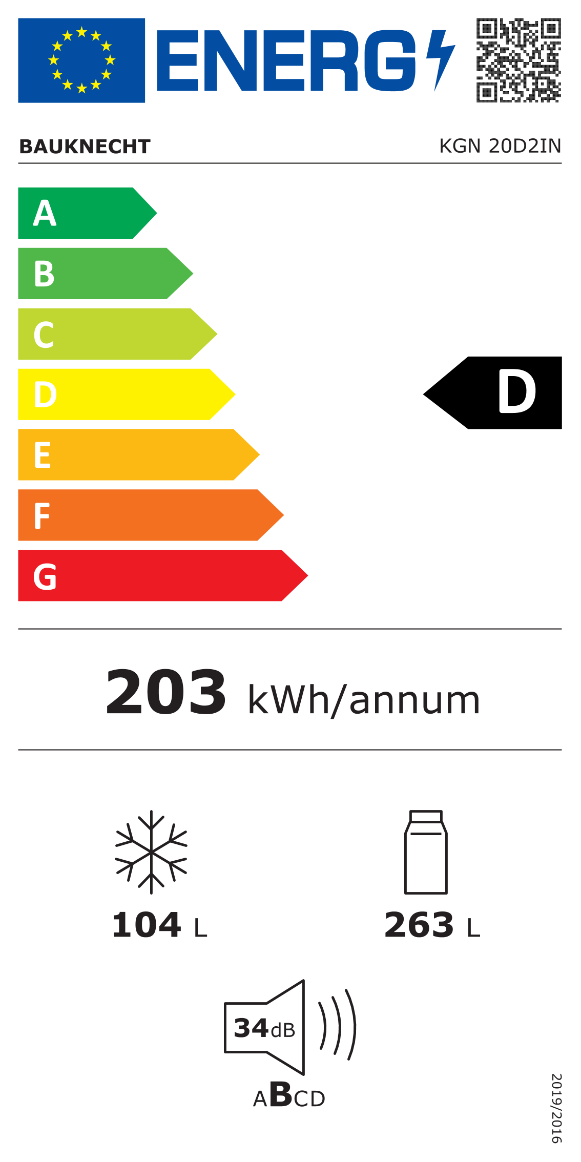 Scheda energetica EPREL Frigorifero combinato a libera installazione no frost Bauknecht KGN 20D2IN