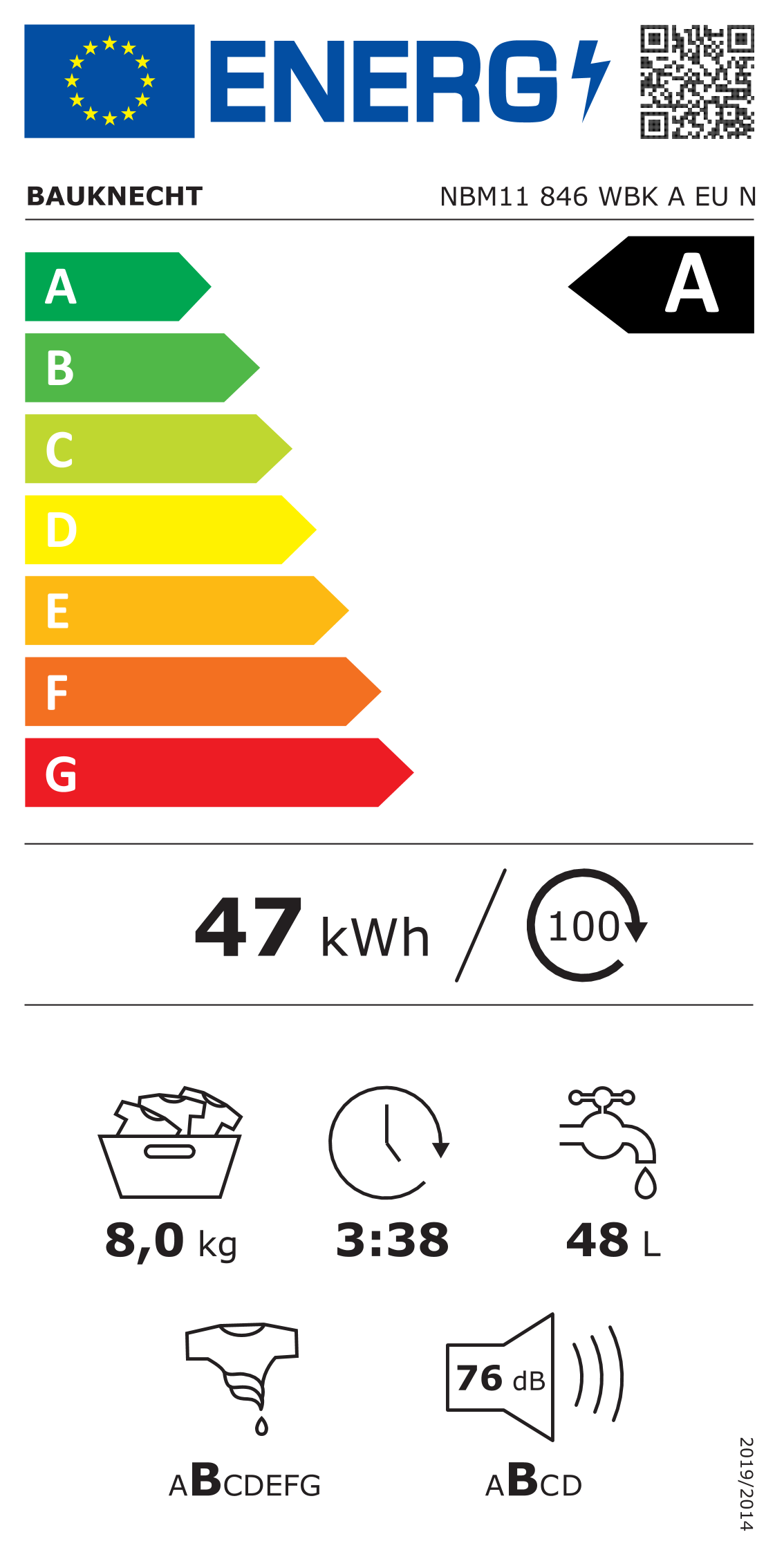 Scheda energetica EPREL Lavatrice Bauknecht NBM11 846WBKA 8 Kg 