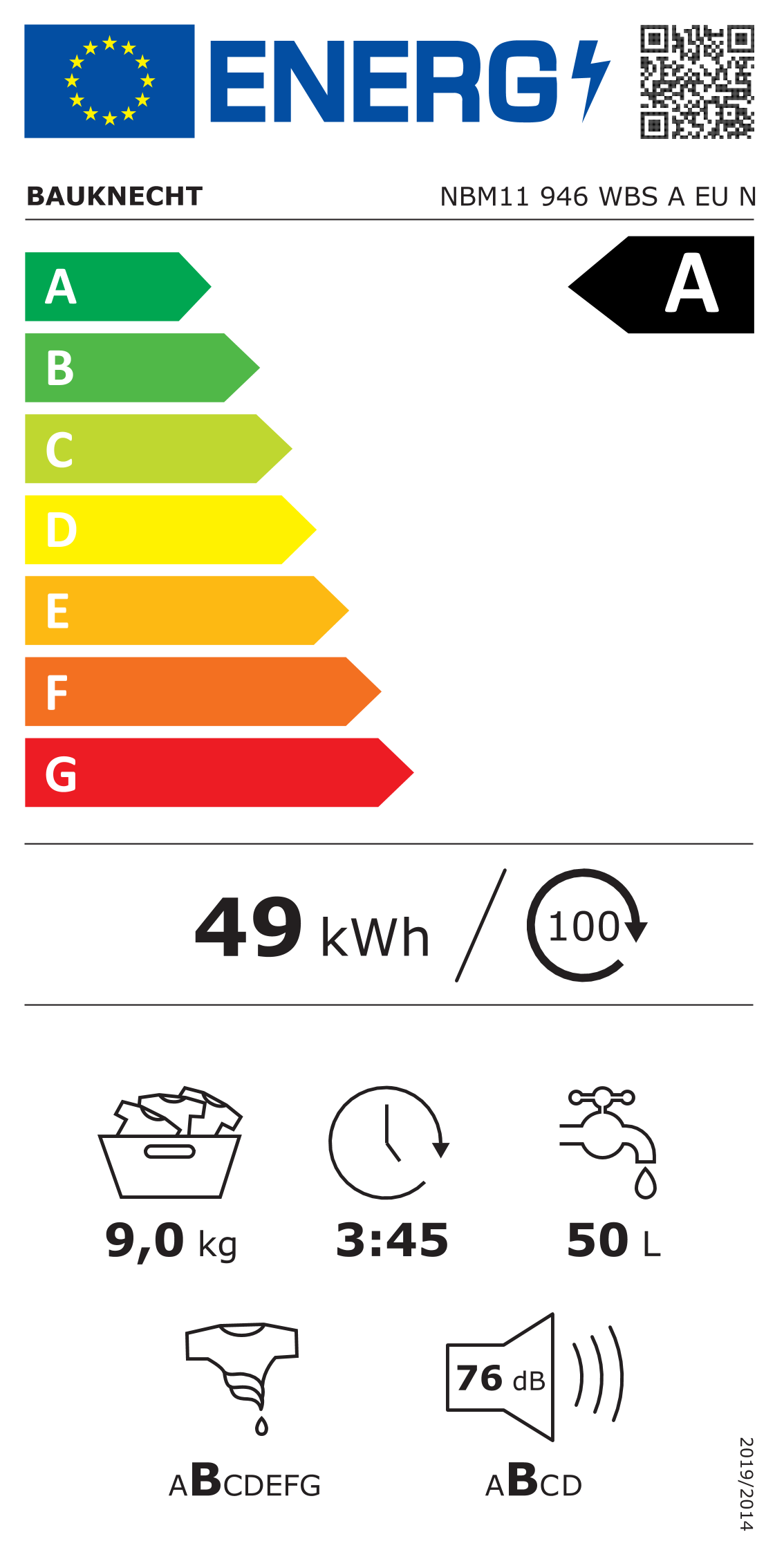 Scheda energetica EPREL Lavatrice Bauknecht NBM11 946 WBS A EU N 9Kg 