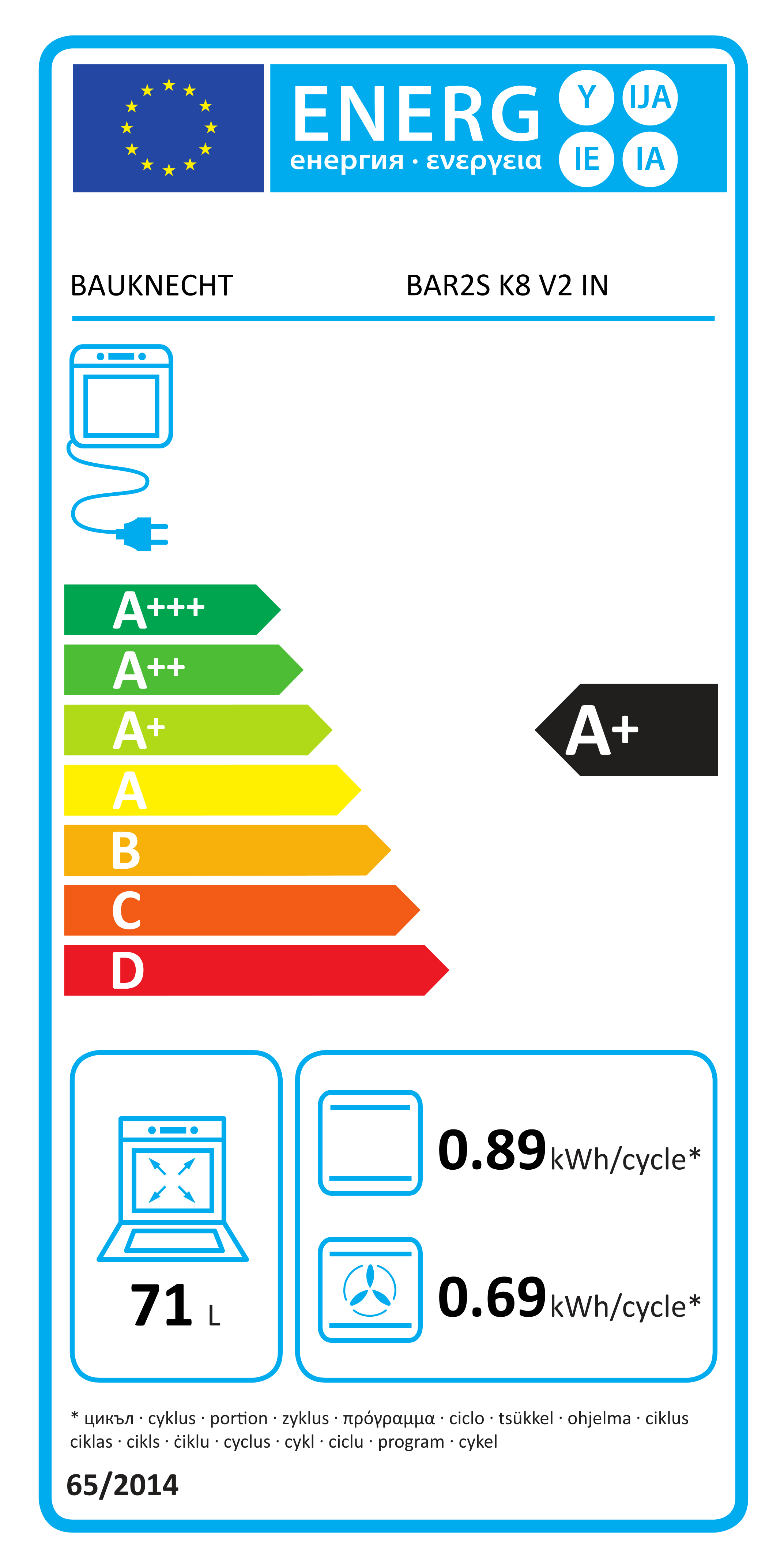 Scheda energetica EPREL Forno ad incasso Bauknecht BAR2S K8 V2 IN con funzione vapore A+