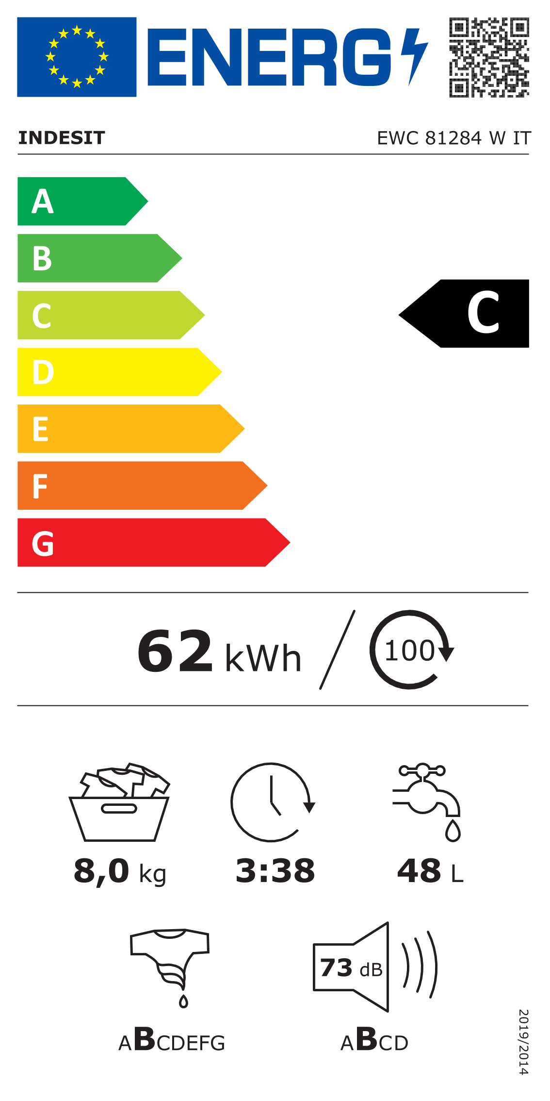 Scheda energetica EPREL Lavatrice Indesit 8 kg EWC 81284 W IT