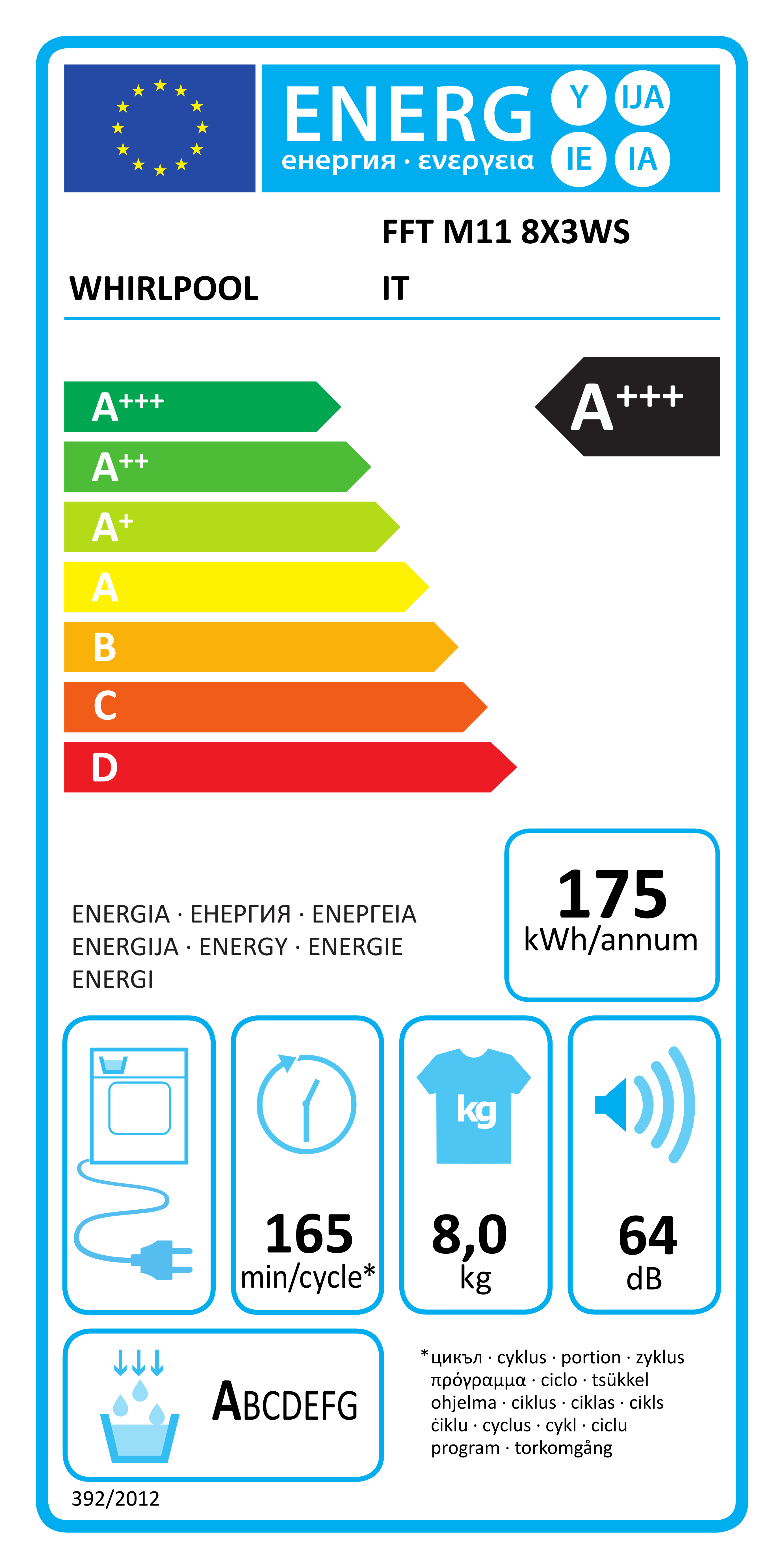 Scheda energetica EPREL Asciugatrice Whirlpool 8 kg FFT M11 8X3 WS IT