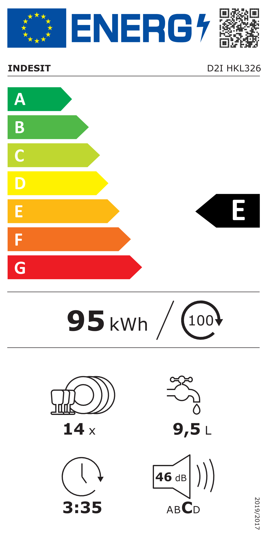 Scheda energetica EPREL Lavastoviglie da incasso  da 60 cm Indesit D2I HKL326