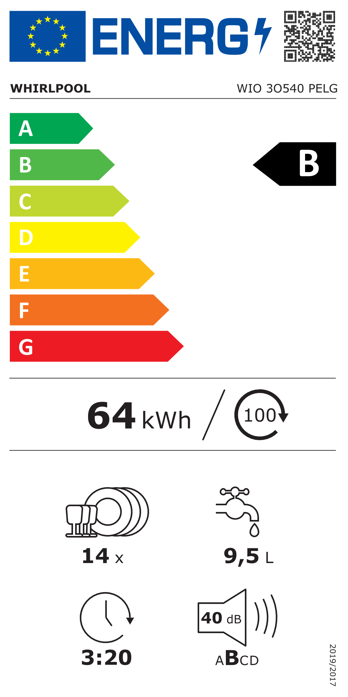 Scheda energetica EPREL Lavastoviglie da incasso Whirlpool WIO 3O540 PELG