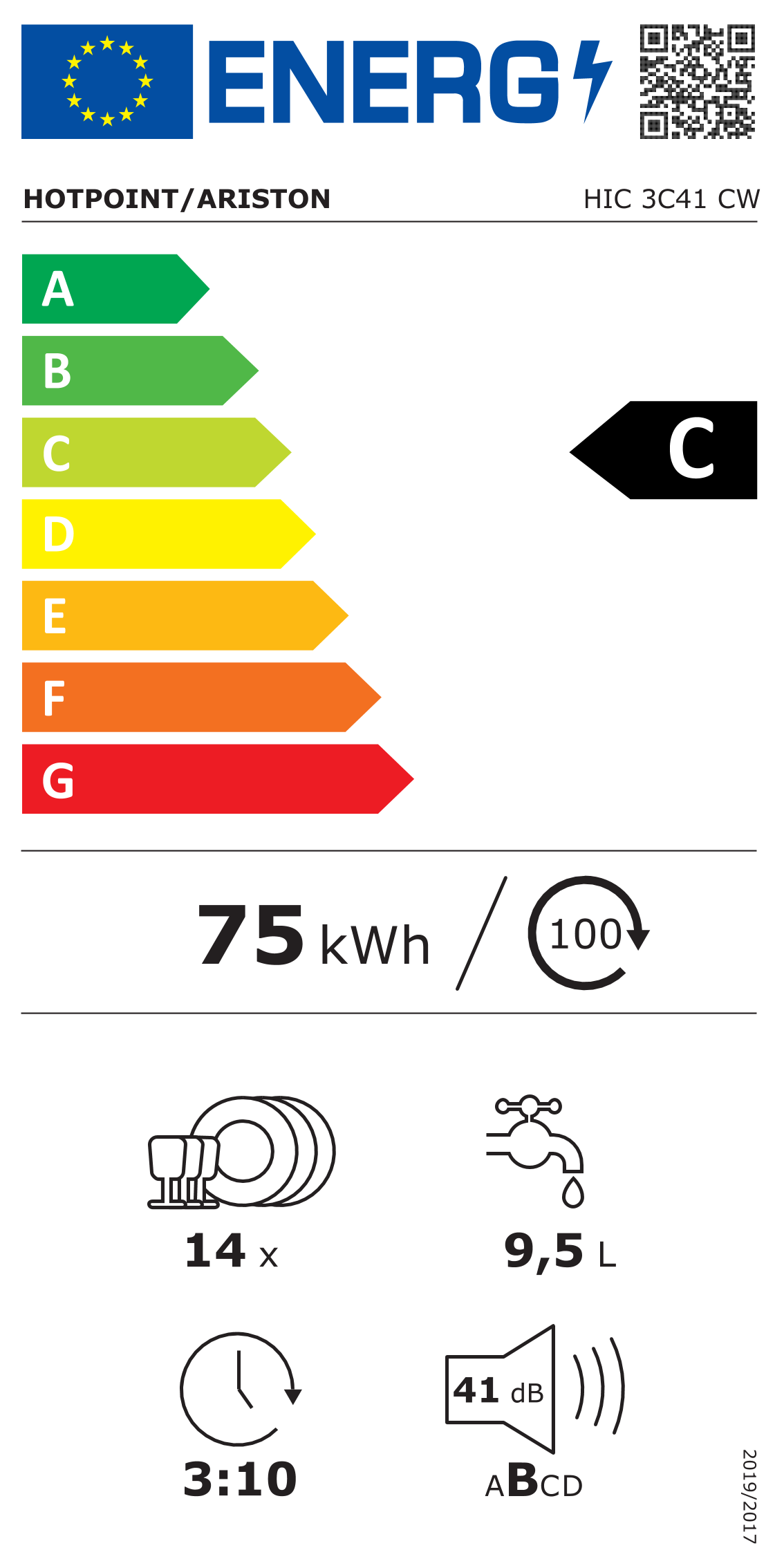 Scheda energetica EPREL Lavastoviglie da incasso Hotpoint HIC 3C41 CW