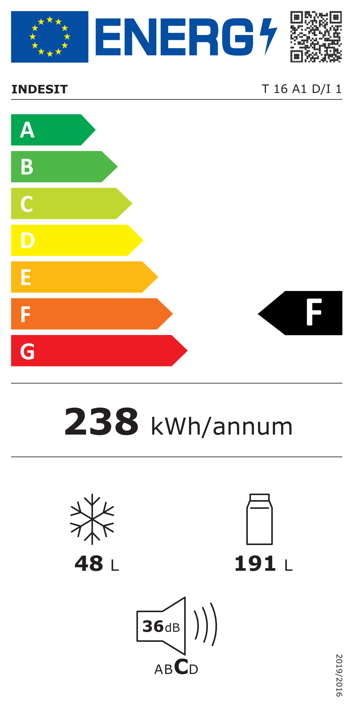 Scheda energetica EPREL Frigorifero doppia porta da incasso Indesit T 16 A1 D/I 1