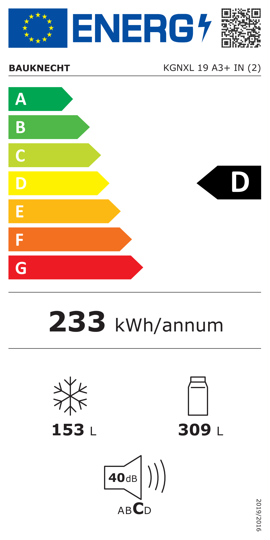 Scheda energetica EPREL Frigorifero a libera installazione no frost combinato Bauknecht KGNXL 19 A3+ IN