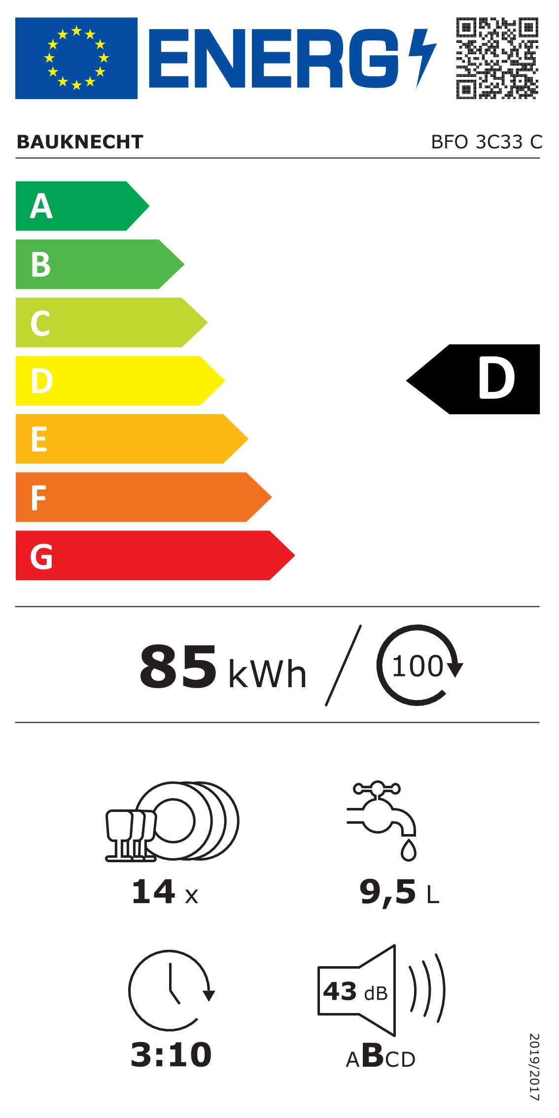 Scheda energetica EPREL Lavastoviglie Bauknecht BFO 3C33 C