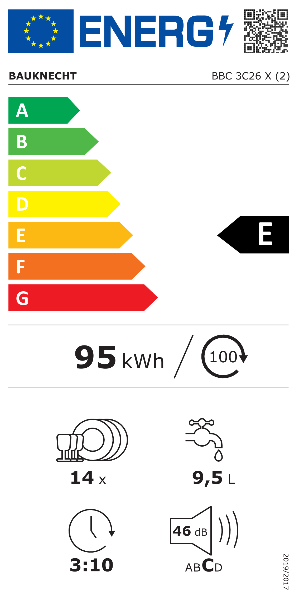 Scheda energetica EPREL Lavastoviglie da incasso 60 cm Bauknecht BBC 3C26 X