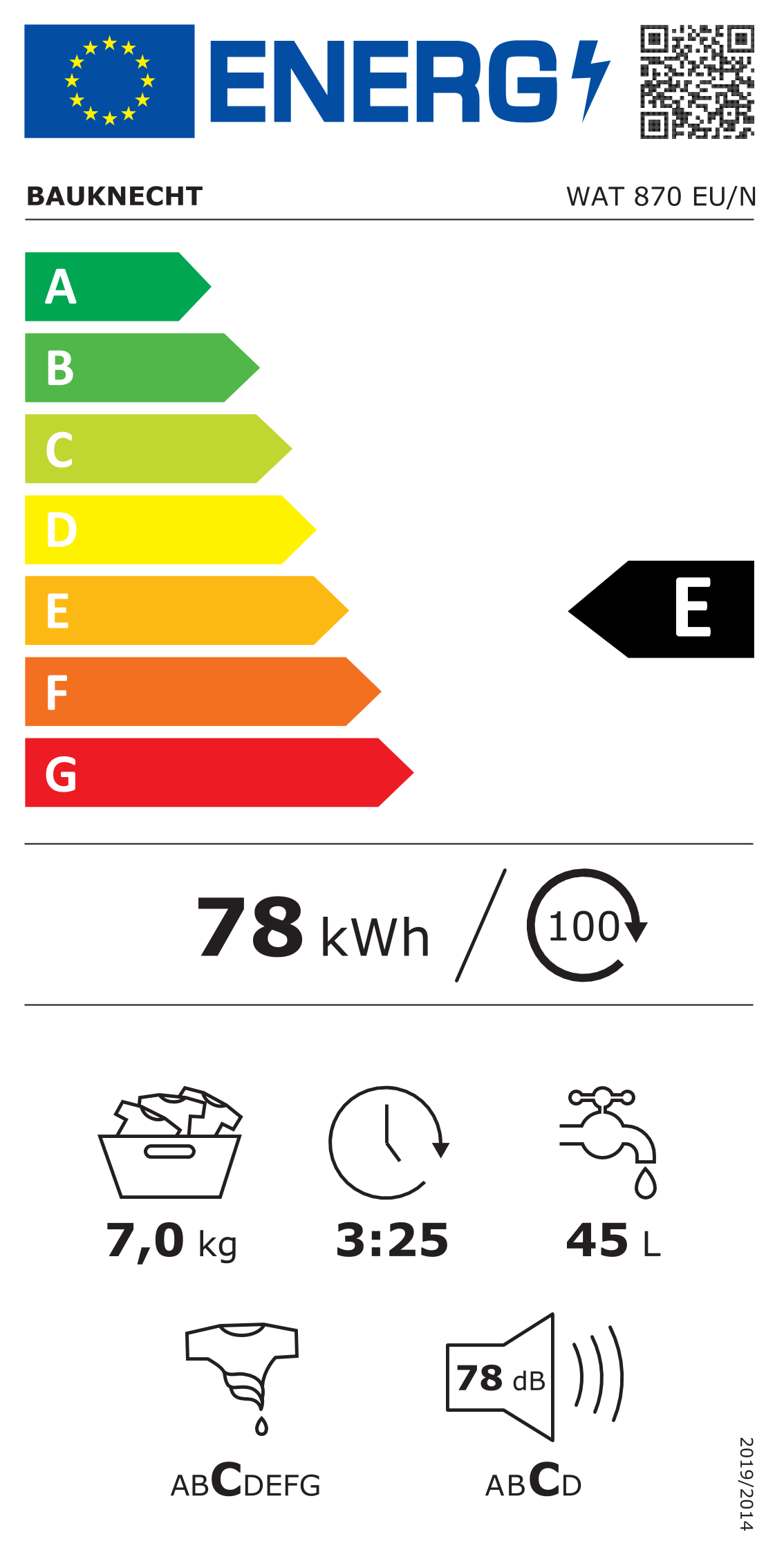 Scheda energetica EPREL Lavatrice carica dall'alto Bauknecht WAT 870 EU/N A+++ 7 kg