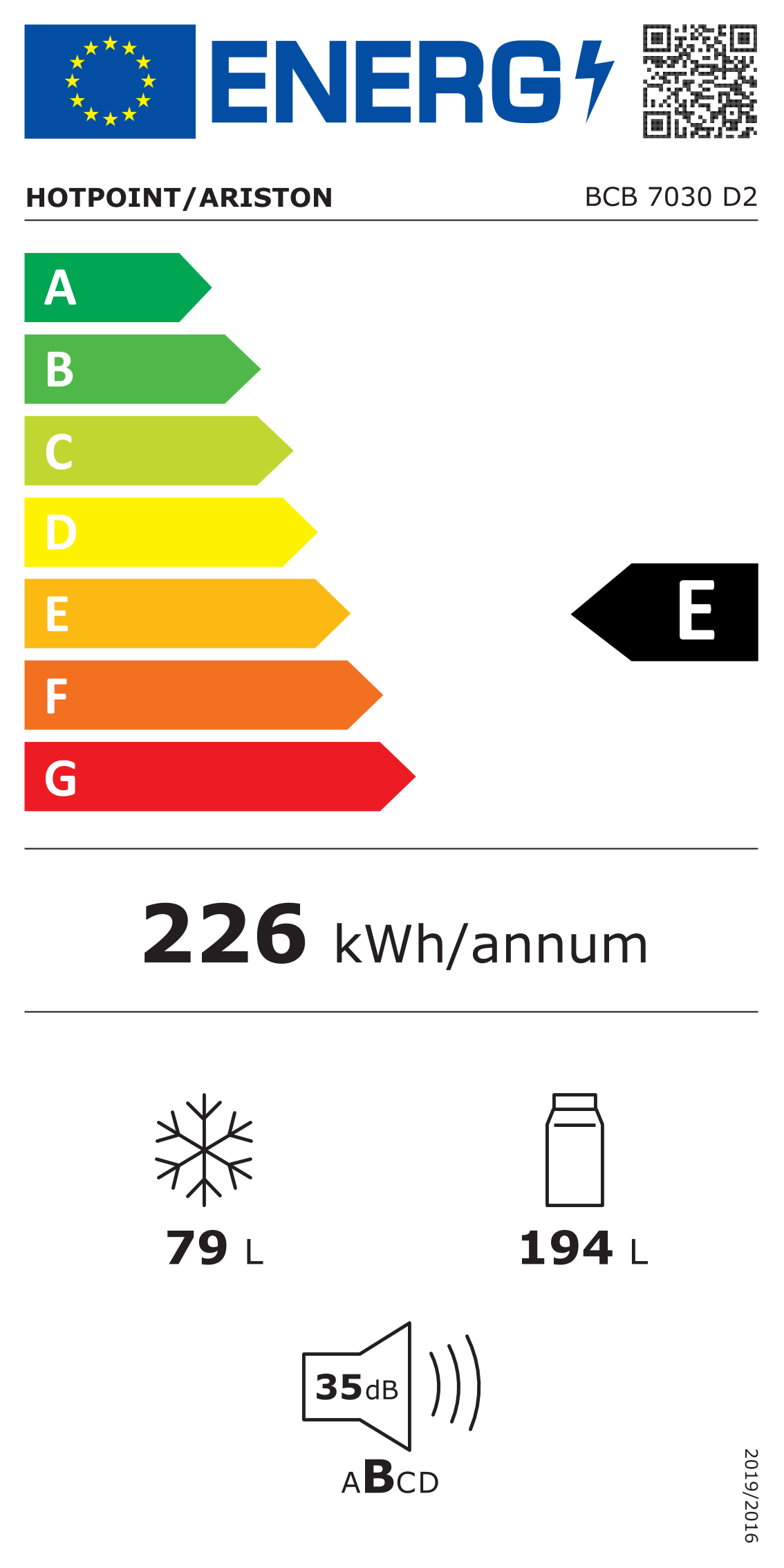 Scheda energetica EPREL Frigorifero da incasso combinato Hotpoint BCB 7030 D2