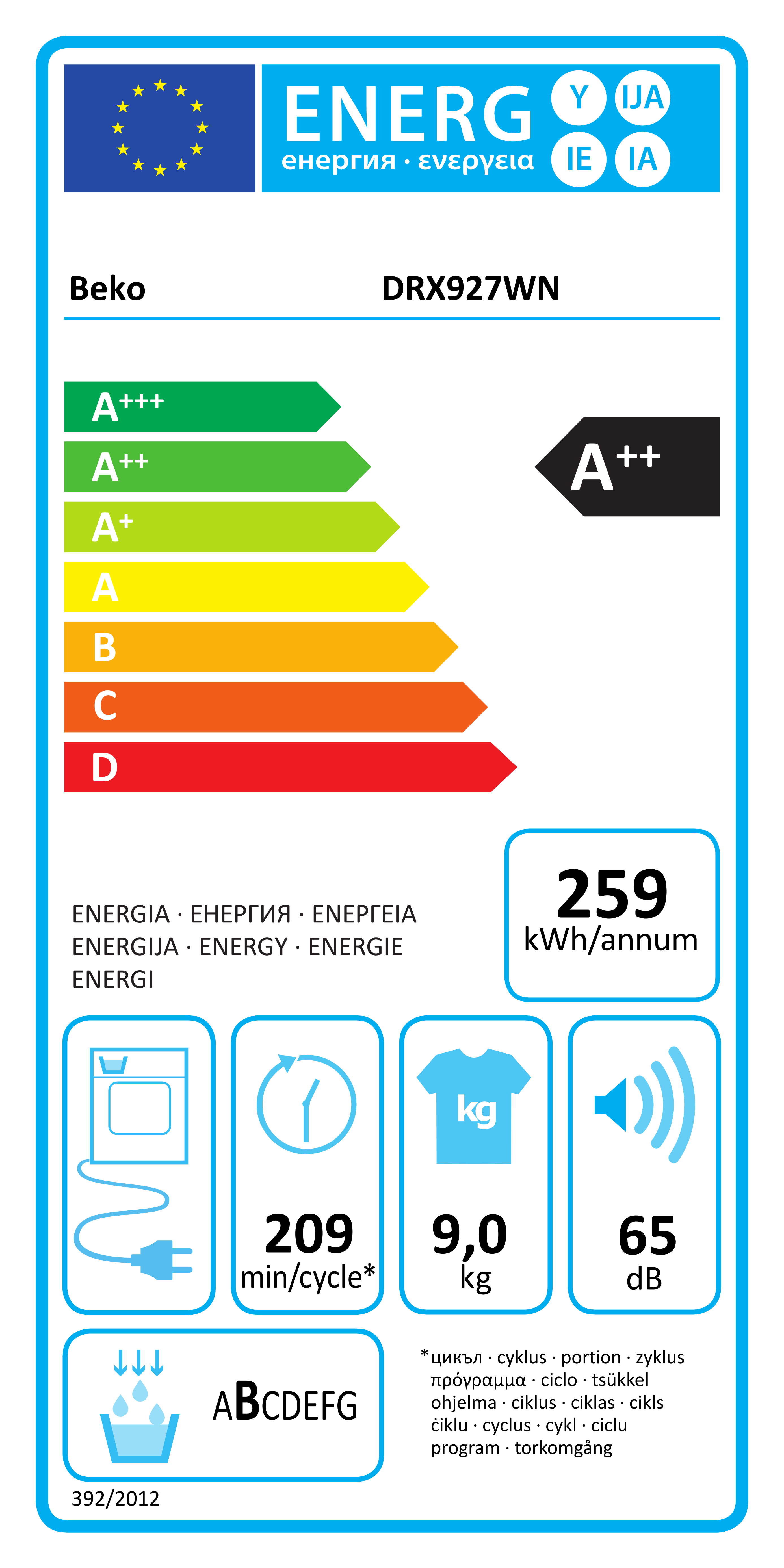 Scheda energetica EPREL Asciugatrice Beko 9 kg DRX927WN