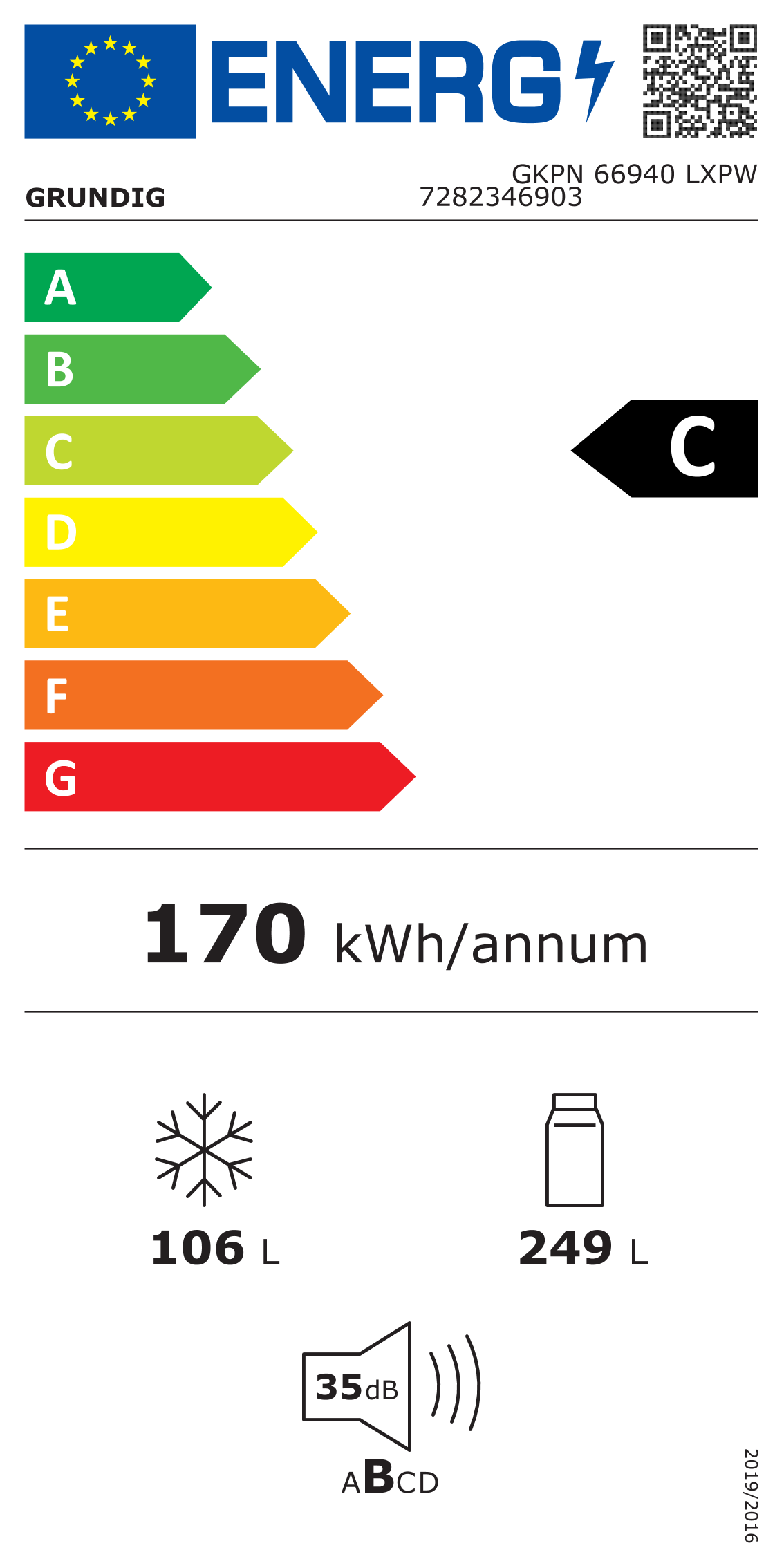 Scheda energetica EPREL Frigorifero a libera installazione combinato Grundig GKPN 66940 LXPW da 60 cm