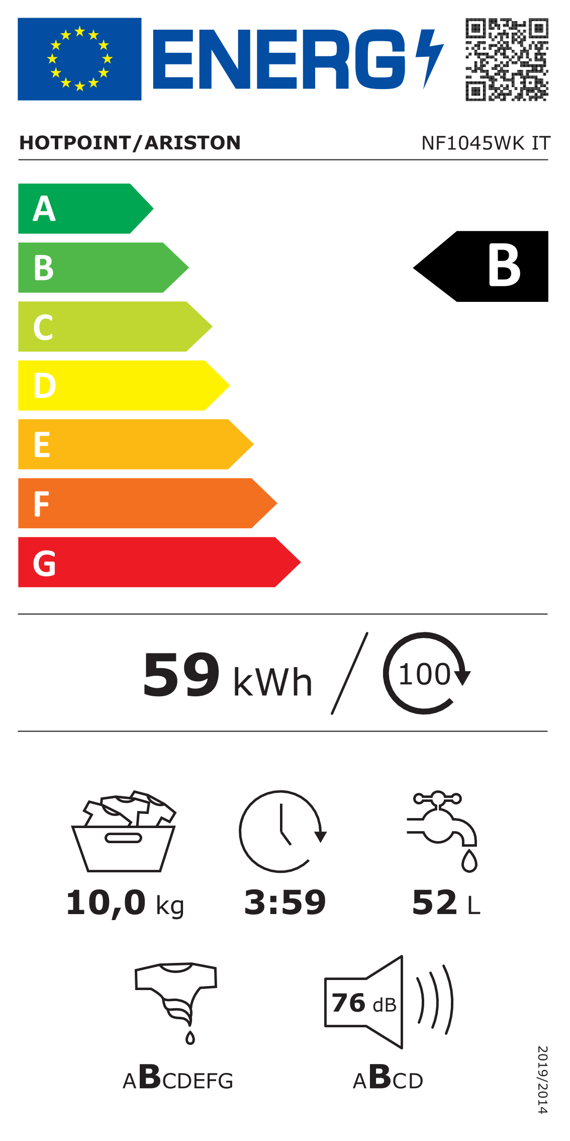 Scheda energetica EPREL Lavatrice Hotpoint 10 kg NF1045WK IT